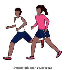 couple characters running activity on white background vector illustration