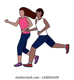 couple characters running activity on white background vector illustration