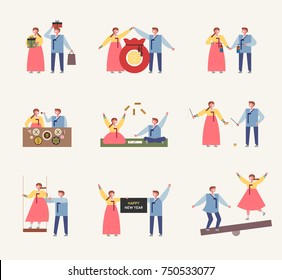 Couple characters showing various cultures of Korean traditional New Year. vector illustration flat design