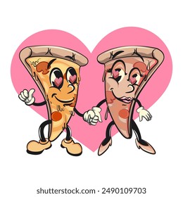 couple characters of slice pizza cartoon vector isolated clip art mascot illustration love each other and holding hands, work of hand drawn