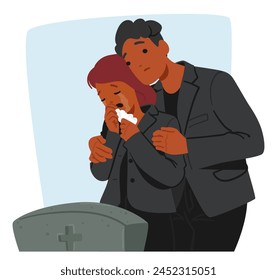 Pareja De Personajes En Pena, De Pie Y Llorando Ante La Piedra Fría, Lágrimas Mezclándose Con Recuerdos, Corazones Pesados De Pérdida, Encontrando Consuelo En El Dolor Compartido. Ilustración vectorial de Personas de dibujos animados