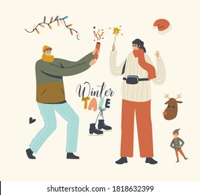 Couple Characters with Sparkler and Сracker Celebrate Christmas or New Year. Happy People Rejoice on Corporate or Home Party. Man and Woman Holidays Celebration Event. Linear Vector Illustration