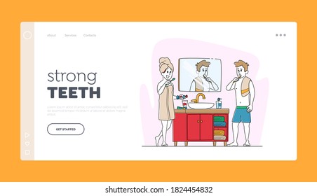 Couple Characters Toothbrushing Procedure Routine.Landing Page Template. Young Woman and Man Stand at Mirror in Bathroom and Brushing Teeth after Bath or Shower. Linear People Vector Illustration