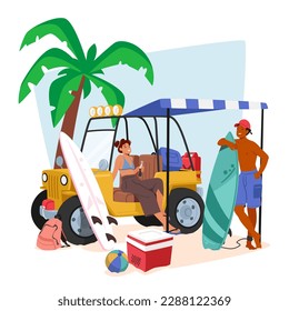 Couple Characters Travels In A Car, Beach In The Background. Adventure, Freedom And Romance Of A Road Trip Concept Perfect For Travel Or Automotive Campaigns. Cartoon People Vector Illustration