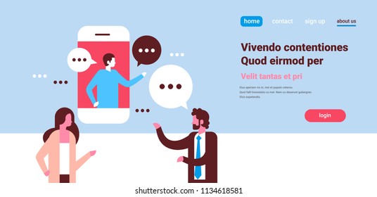 couple chat bubbles mobile application communicating speech dialogue man woman character background portrait copy space horizontal flat vector illustration