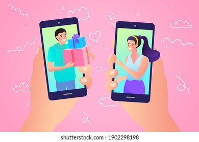 Couple chat on a cell phone. Girl communicates on the phone. Online chat man and woman. social network concept. Chat easily landing page website. illustration vector flat design. 