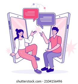 Couple chat on a cell phone. Girl communicates on the phone. Online chat man and woman. social network concept. Chat easily landing page website. illustration vector outline flat design. 