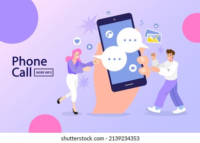 Couple chat on a cell phone. Girl communicates on the phone. Online chat man and woman. social network concept. Chat easily landing page website. illustration vector flat design.