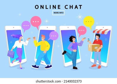 Couple chat on a cell phone. Girl communicates on the phone. Online chat man and woman. social network concept. Chat easily landing page website. illustration vector flat design.