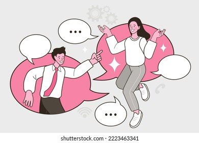 Couple chat on a cell phone. Girl communicates on the phone. Online chat man and woman. social network concept. Chat easily landing page website. illustration vector flat design.