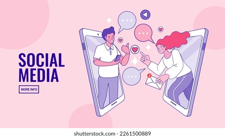 Couple chat on a cell phone. Girl communicates on the phone. Online chat man and woman. social network concept. Chat easily landing page website. illustration vector flat outline design. 