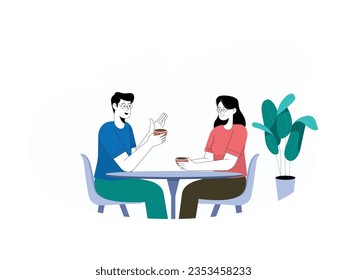 a couple is chatting in a cafe, they chat while enjoying a cup of coffee 
flat design, vector illustration