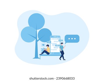 un par charlando entre sí usando el concepto de trending phone ilustración plana