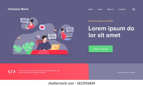 Pareja conversando en el sitio web de citas. Feliz hombre y mujer usando laptops y células con burbujas de habla arriba. Ilustración vectorial para la comunicación por internet, red social, encontrar el concepto de socio