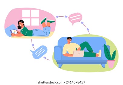 Couple chatting online concept. Woman with electronic tablet and man with laptop communicate in social networks and messengers. Cartoon flat vector illustration isolated on white background
