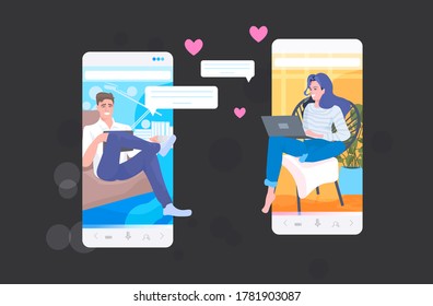 couple chatting in online dating app social relationship communication concept man woman in smartphone screens mobile app copy space horizontal vector illustration