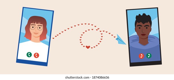 Couple chatting online isolated. Flat vector stock illustration. the concept of online relationships, distances, multicultural couples. Boyfriend, girlfriend, internet love. Online relationships 