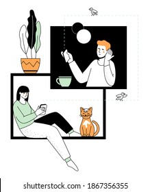 Couple chatting online - modern flat design style illustration with line elements. Colorful composition with a woman sitting on a window sill with a cat, talking to her friend or partner from home