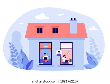 Couple chatting online. Young girl and guy using laptops at their homes, view from outside. Flat vector illustration. Communication, dating site concept for banner, website design or landing web page