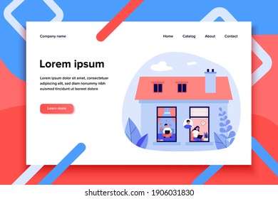Couple chatting online. Young girl and guy using laptops at their homes, view from outside. Flat vector illustration. Communication, dating site concept for banner, website design or landing web page