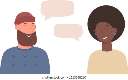 Couple chatting vector illustration. Hand drawn flat characters - afro ethnic woman and hipster man with beard - with speech bubble. Conversation, communication, relationship, friendship concept.