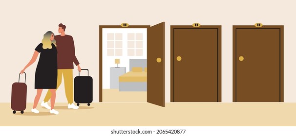 The couple is checked into a hotel, student hostel. Flat vector stock illustration. Check in at a hostel or dorm. Man and woman with a suitcase. Hostel corridor interior. Vector graphics