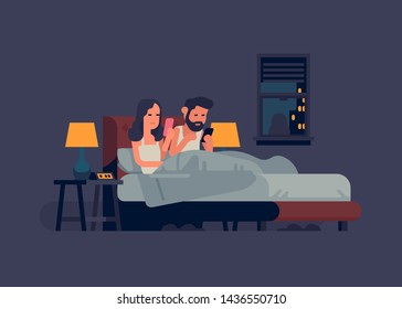 Couple checking their phones in bed at night. Flat vector concept on technology impact on relationship, personal and everyday life: man and woman sitting separate in double bed with mobile devices Couple checking their phones in bed at night. Flat vector concept on technology impact on relationship, personal and everyday life: man and woman sitting separate in double bed with mobile devices