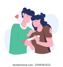 A couple checks a pregnancy test, flat illustration 