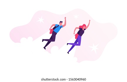 Couple of Cheerful Business Man and Woman Characters Flying Off with Jet Packs. Office Workers Flying Up by Rocket on Back Take Off the Ground. Career Boost, Start Up. Cartoon Flat Vector Illustration