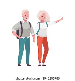 Couple of cheerful senior people walking with backpacks cartoon vector illustration
