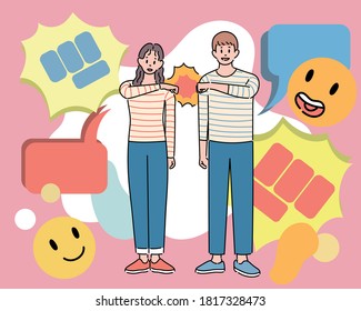 A couple is cheering with fist to each other. There are cute decorations around. hand drawn style vector design illustrations. 