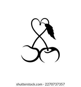 A couple of cherry im the shape of the heart Black on white background