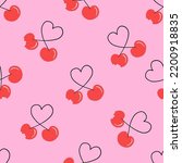 Couple cherry love. Bitten cherry. Seamless pattern of cherry on pink background. Romantic vector illustration for Valentine's Day