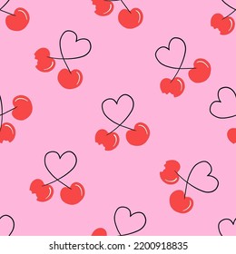 Couple cherry love. Bitten cherry. Seamless pattern of cherry on pink background. Romantic vector illustration for Valentine's Day