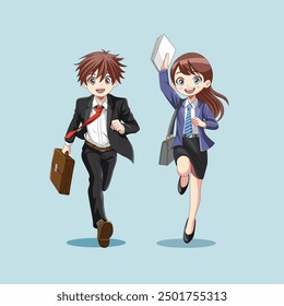 Couple Chibi businessman and woman running