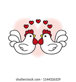 Couple Chicken in love with heart cartoon.Flat design Vector illustration for Valentine's day.