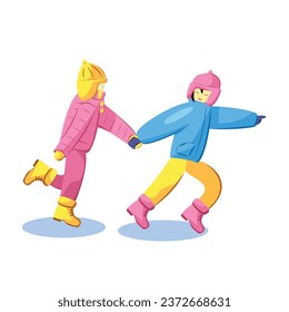 Couple of Child in Colorful Winter Clothes Playing Holding Hands