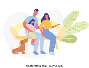 Couple with Child and Dog Sit on Park Bench. Family Walking in Park. Vector Illustration. Happy Family Spend Time Together. Funny Company. Park Area. Family Situations. Yellow Bench on Background Bush