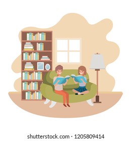couple of children with book in livingroom avatar character