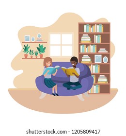 couple of children with book in livingroom avatar character