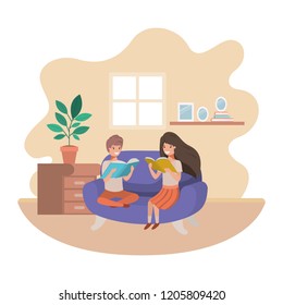couple of children with book in livingroom avatar character