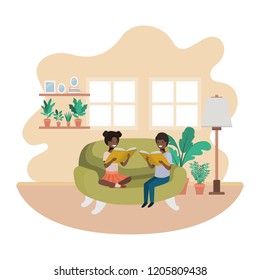 couple of children with book in livingroom avatar character