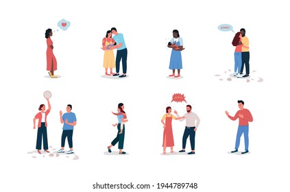 Couple with children flat color vector detailed character set. Young family. Argue and make up. Relationship conflict isolated cartoon illustration for web graphic design and animation collection