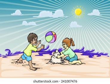 couple children playing on the beach, with cloud and sun over the sea splash