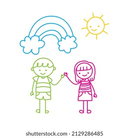 Pärchen mit Regenbogen und Sonnenstrahlen, handgezeichnet