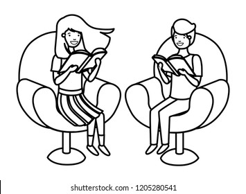 couple of children sitting in sofa with book avatar character
