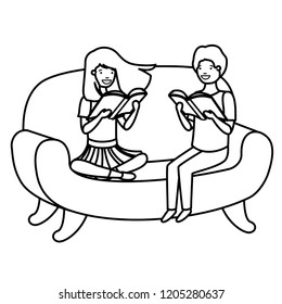 couple of children sitting in sofa with book avatar character
