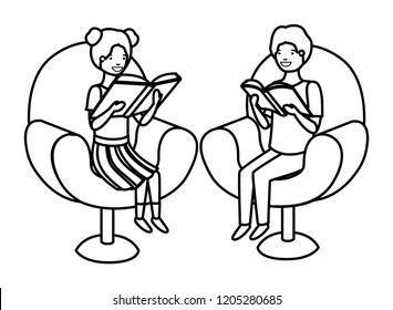 couple of children sitting in sofa with book avatar character