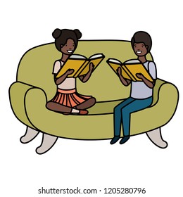 couple of children sitting in sofa with book avatar character