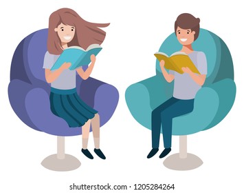 couple of children sitting in sofa with book avatar character
